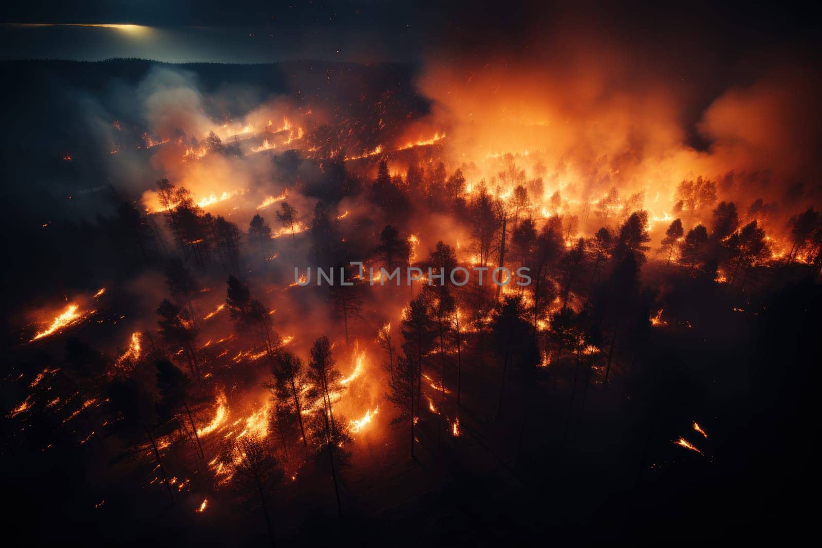 Night forest fire burns the pine trees in the forest Generative AI.