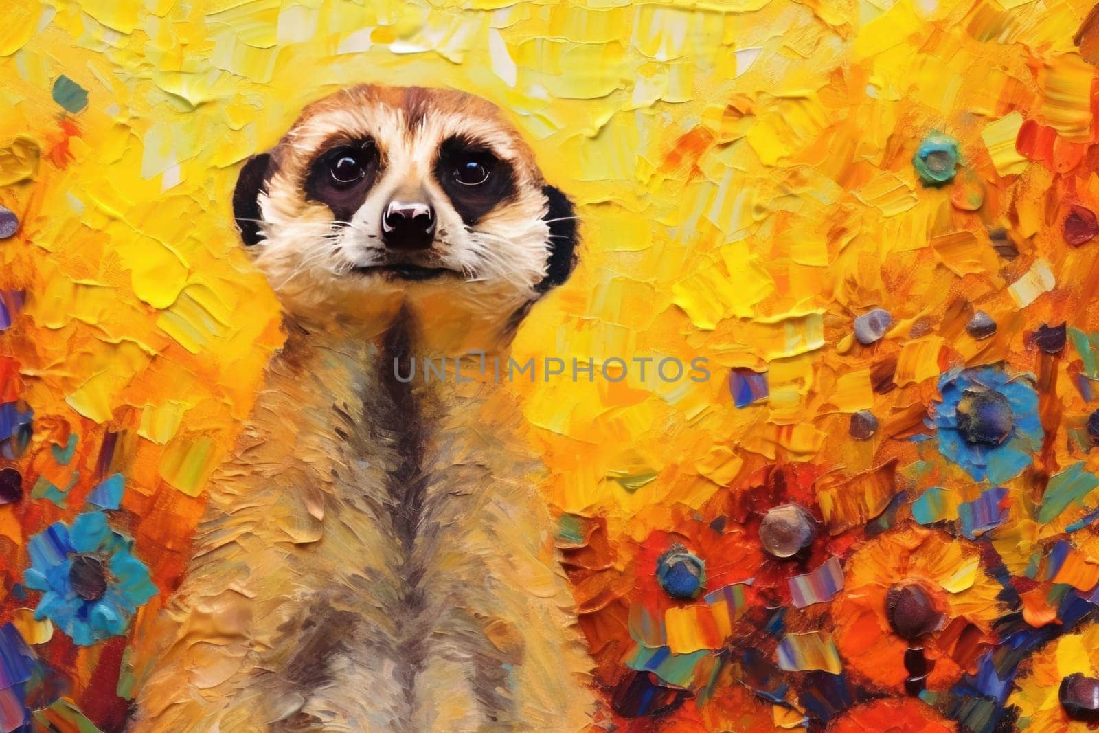 Meerkat made of oil paint modern art with sunflower Generative AI.