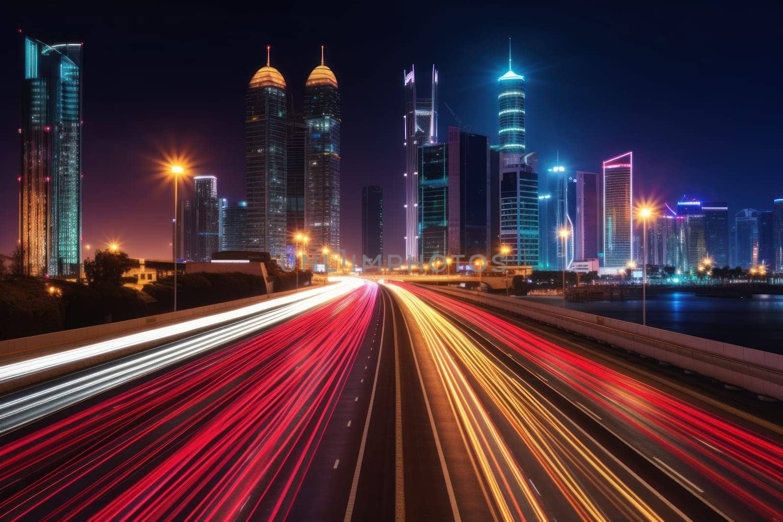 High speed traffic and light trails in highway at twilight Modern city at night Generative AI.