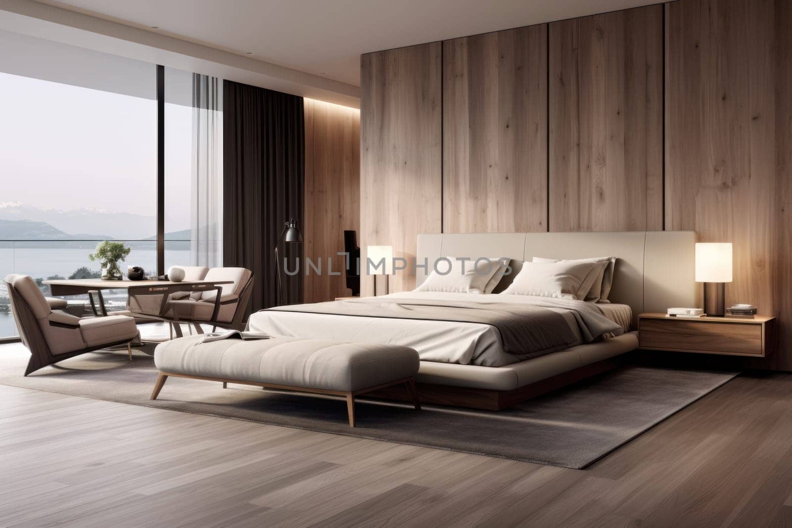 Luxurious modern bedroom 3D render Generative AI.