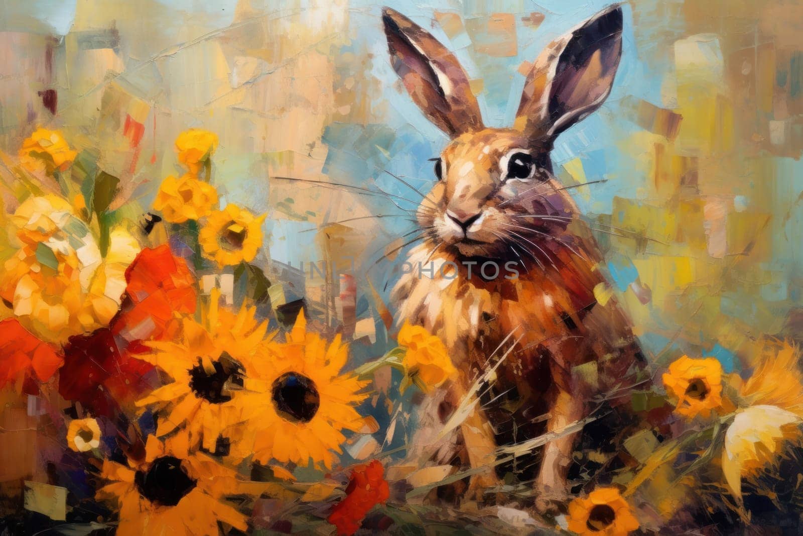 Rabbit made of oil paint modern art with sunflower Generative AI.