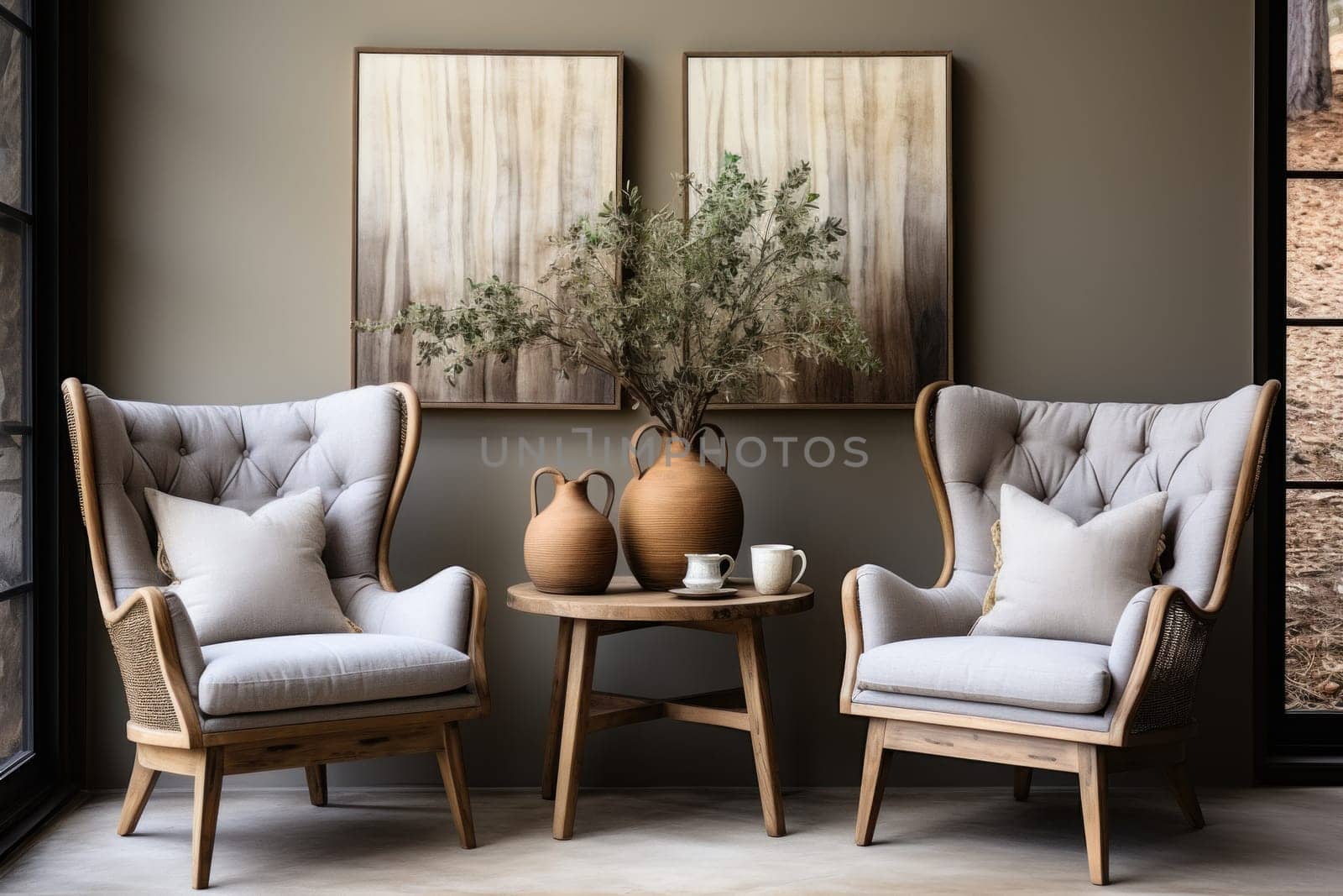 Wing chair near rustic wooden coffee table. Interior design of scandinavian living room with frames.