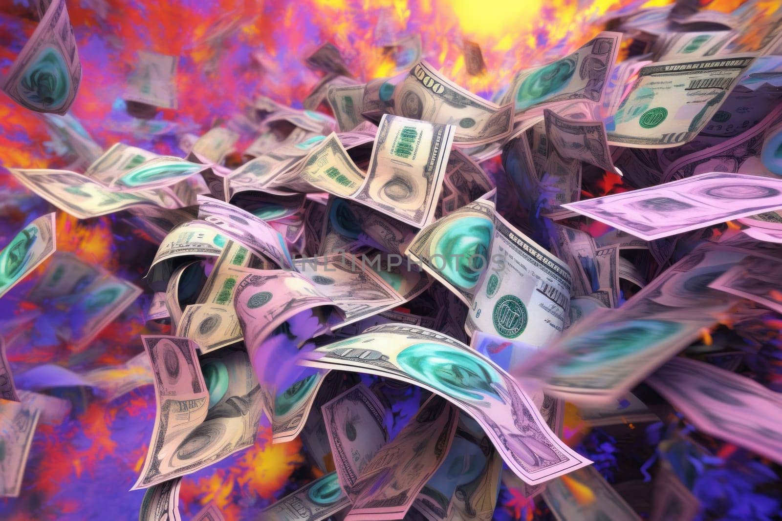 dollar bills falling with colorful abstract background.
