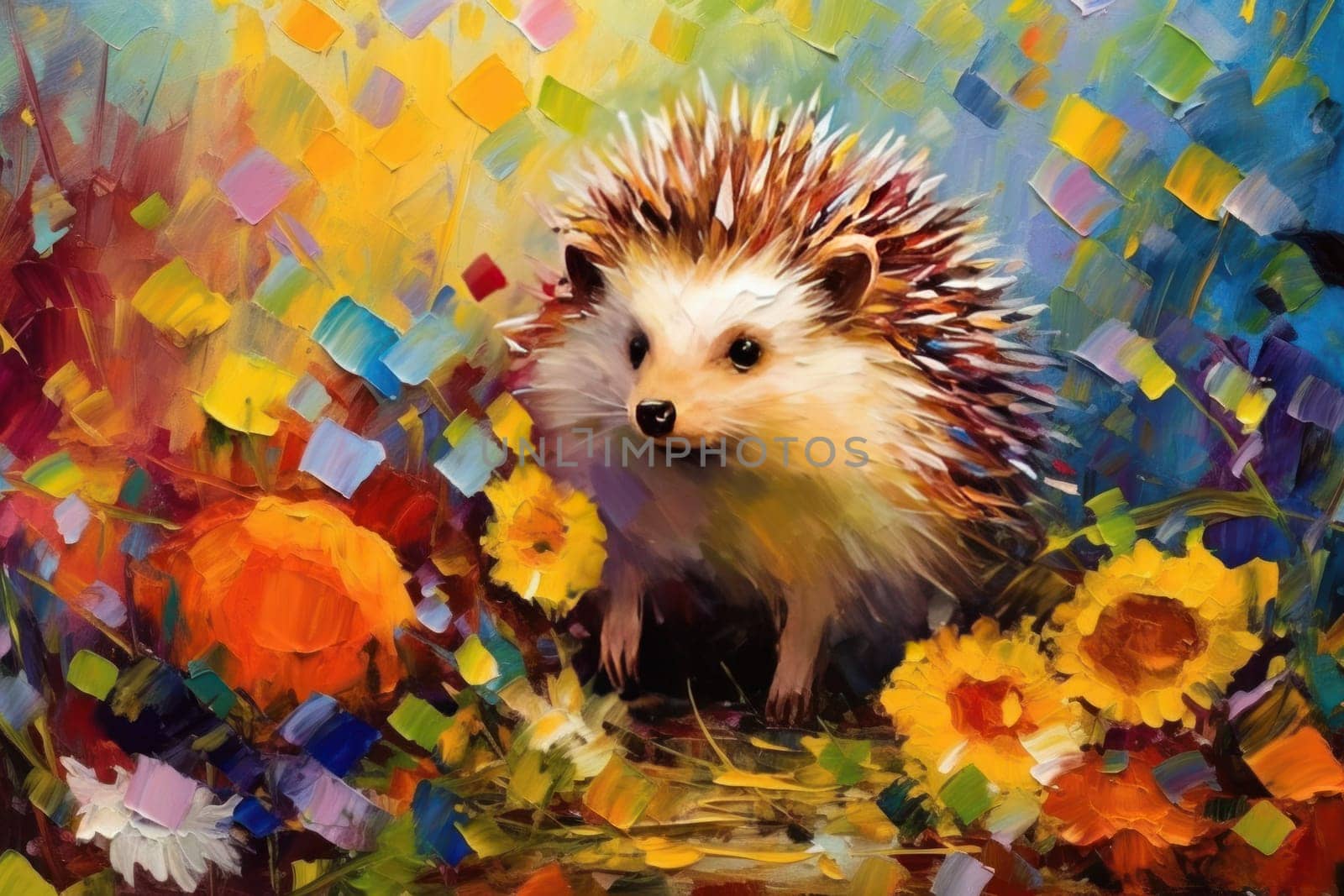 Hedgehog made of oil paint modern art with sunflower Generative AI.