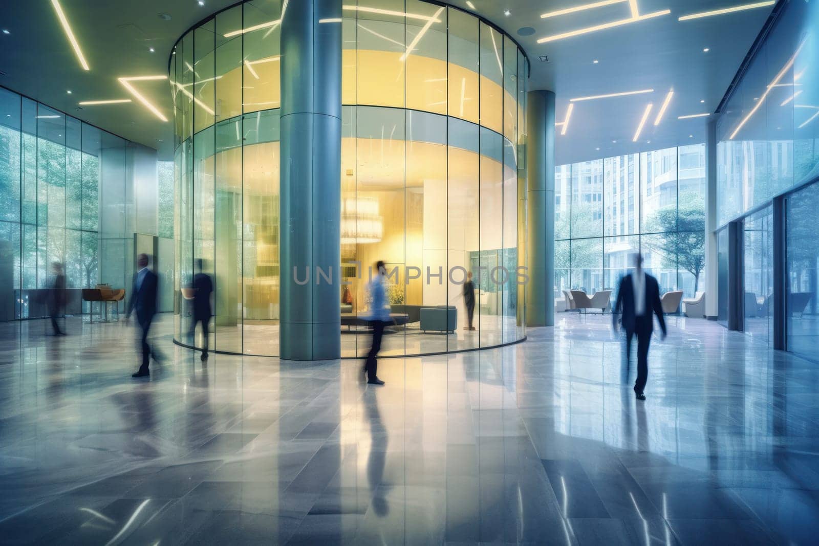 An office building with a huge people flow, fast shutter, Business people walking, Generative AI.