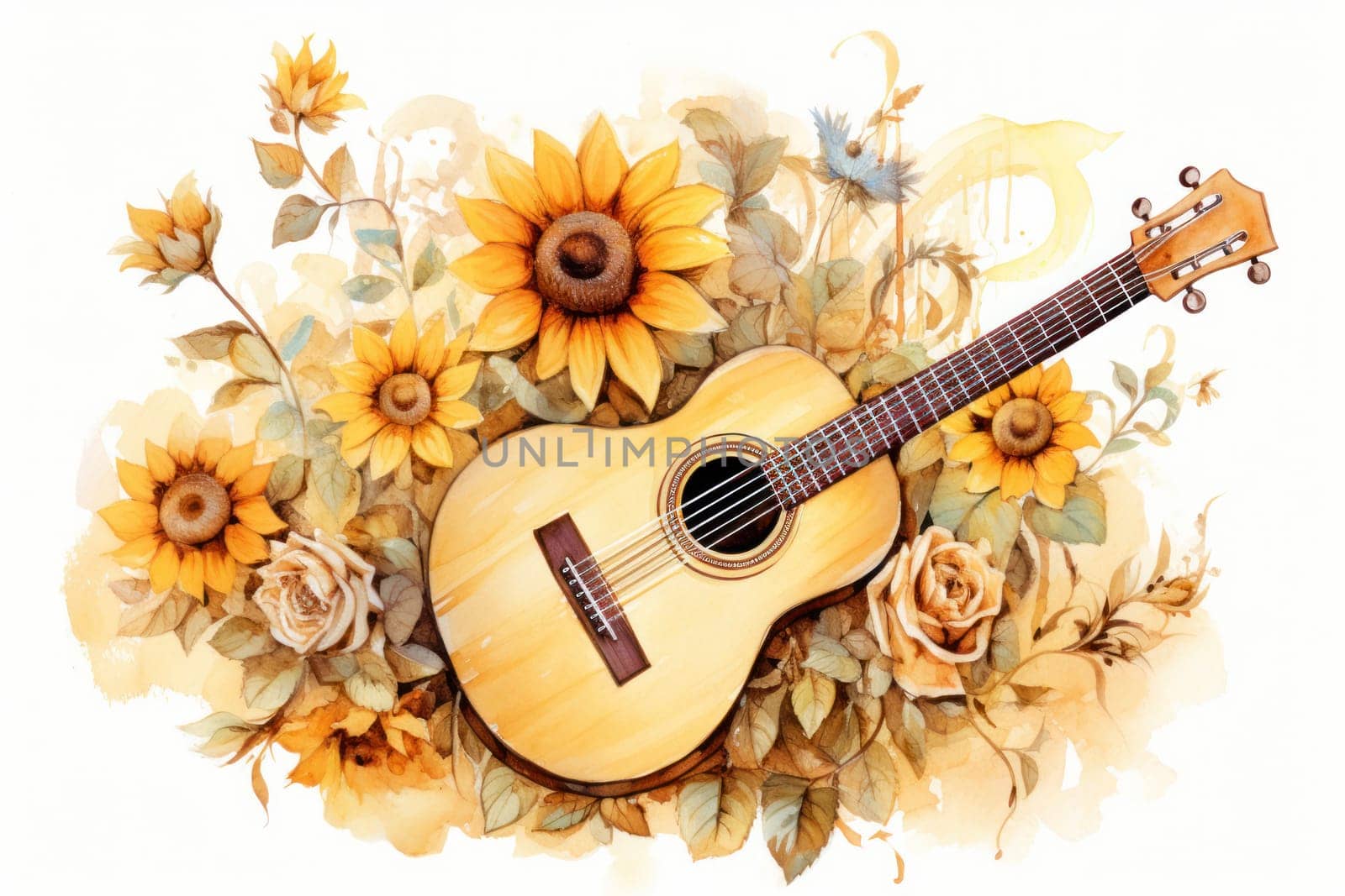Sunflower and guitar Watercolor beige background Generative AI.