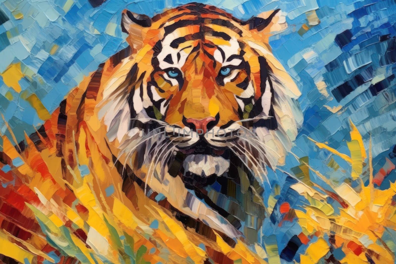 Tiger made of oil paint modern art with sunflower Generative AI.
