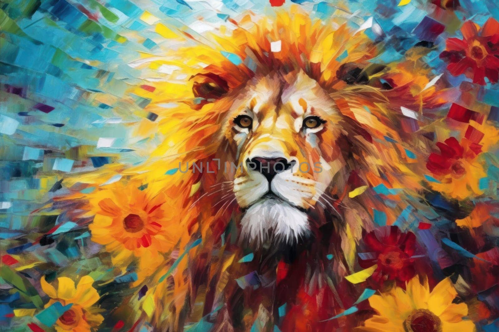 Lion made of oil paint modern art with sunflower Generative AI.