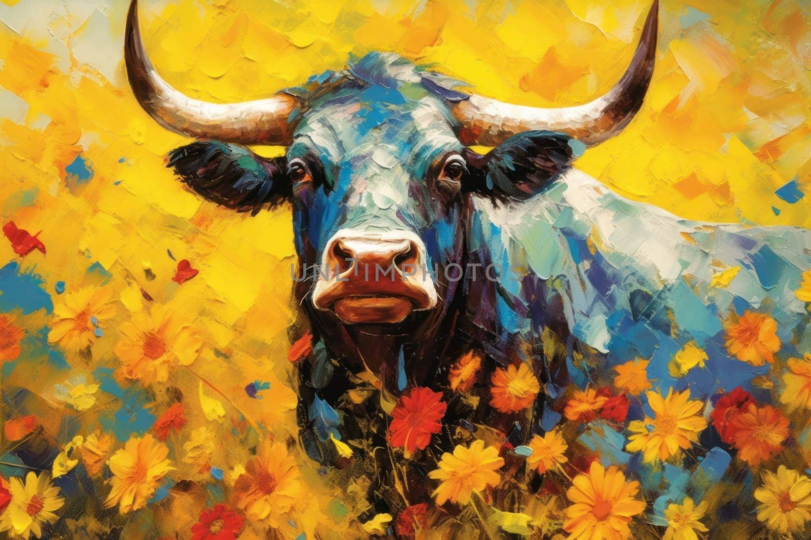 Nguni Bull Buffalo made of oil paint modern art with sunflower Generative AI.