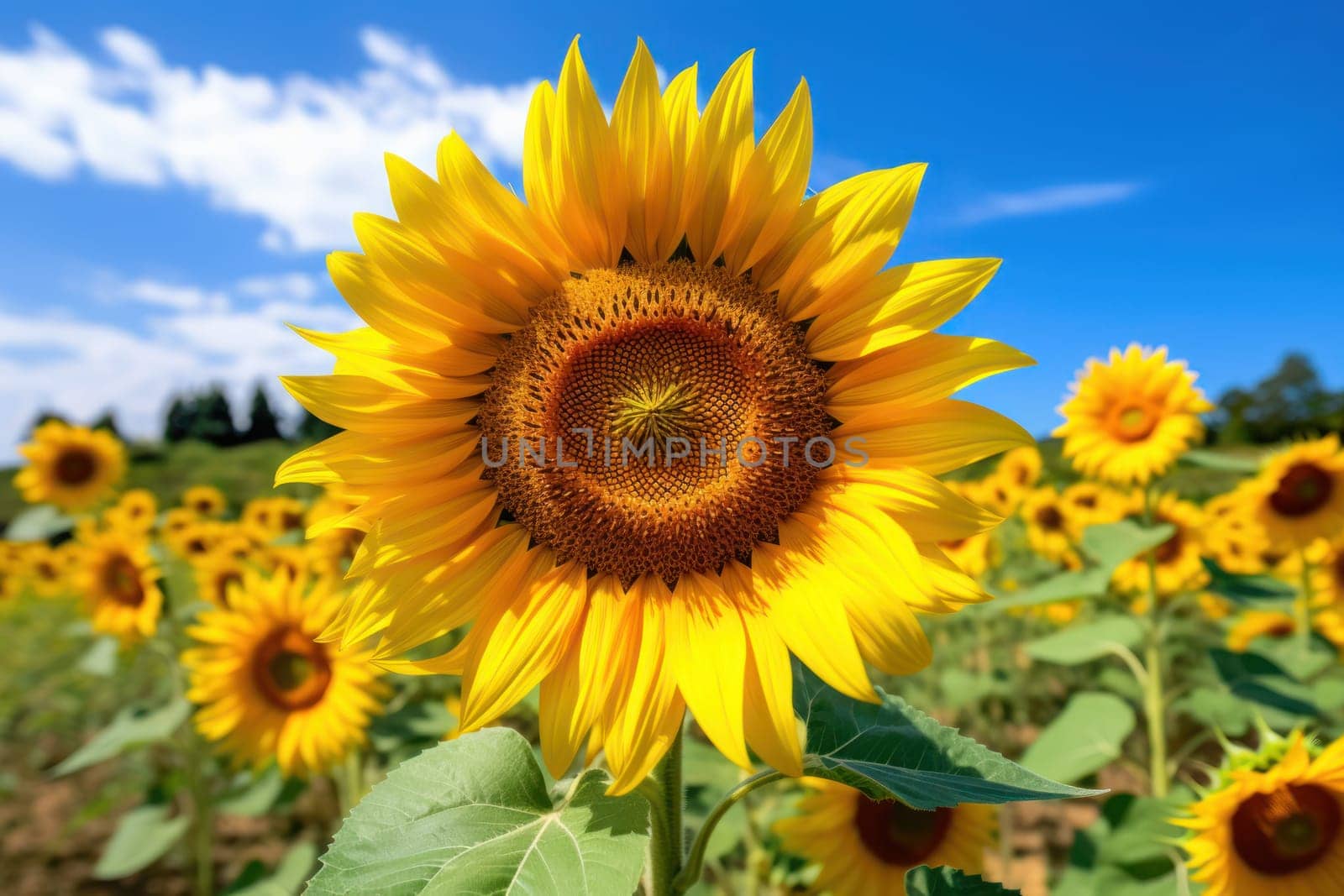 Horizontal photograph of sunflowers in spring as wallpaper with blue sky Generative AI.
