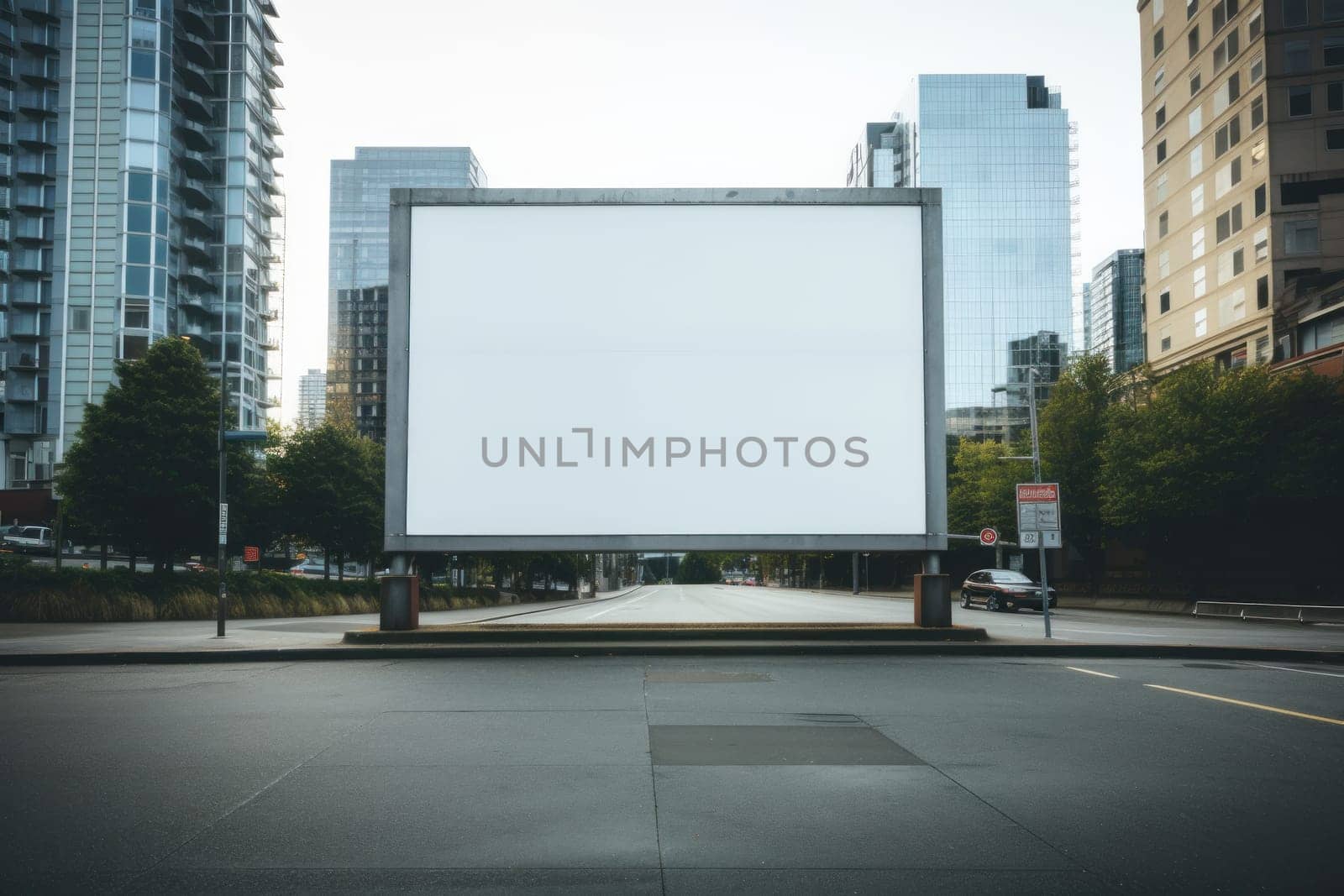 White empty billboard in an urban environment. City streets, Generative AI.