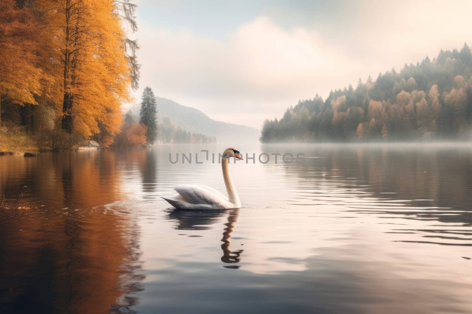 Swans floating on the lake beautiful landscape Generative AI.