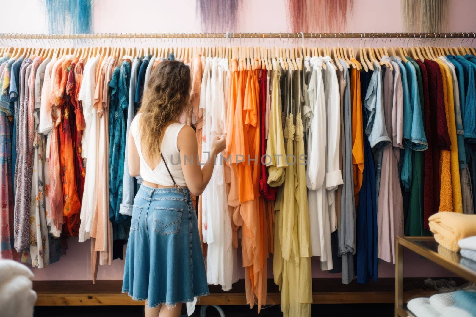 A shopper browsing through colorful clothing racks in a boutique.