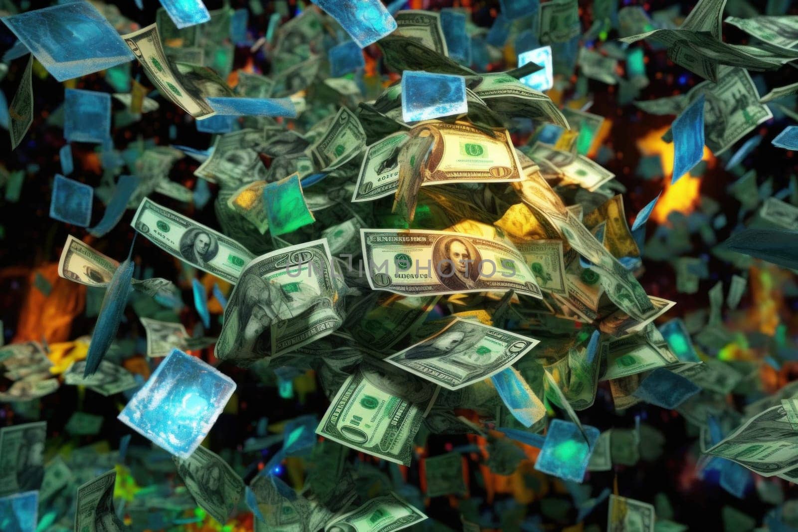 dollar bills falling with colorful abstract background.