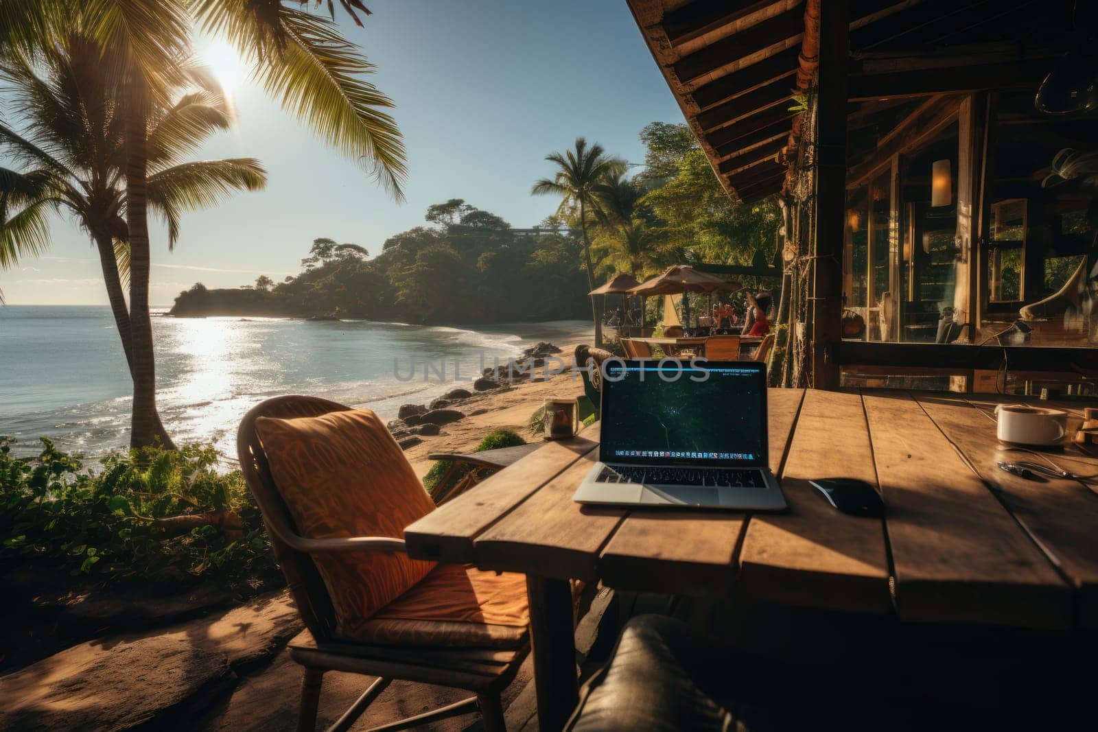 Digital nomad working and enjoying the beach Generative AI.