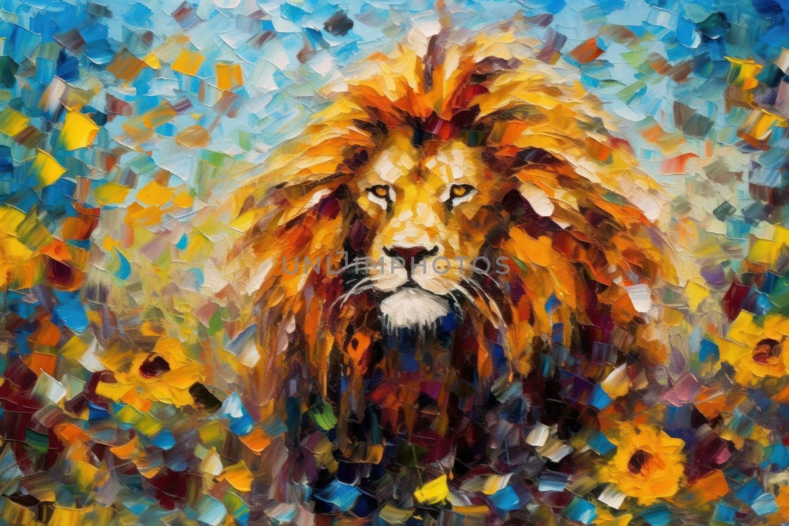 Lion made of oil paint modern art with sunflower Generative AI.