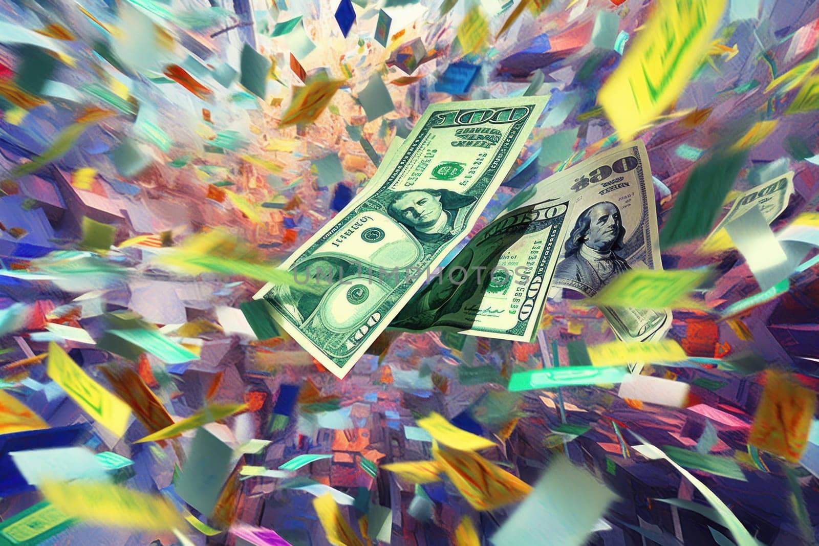 dollar bills falling with colorful abstract background.
