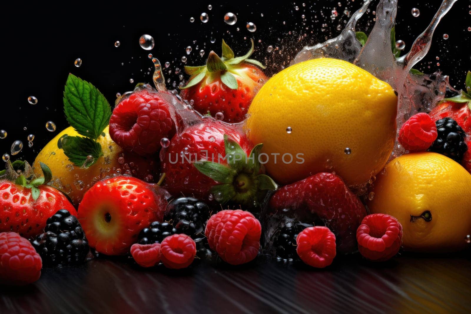 Photo of various fruites with water splashes.