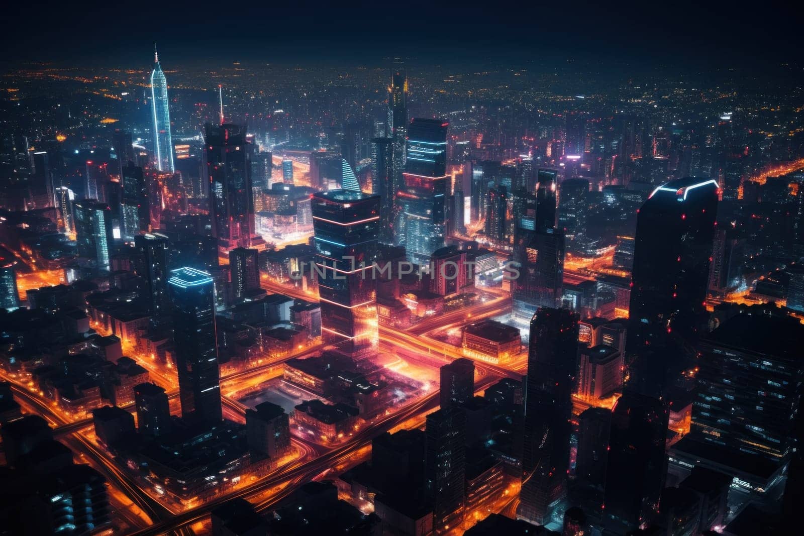 Aerial view of neon city, Cyberpunk metropolis at night.