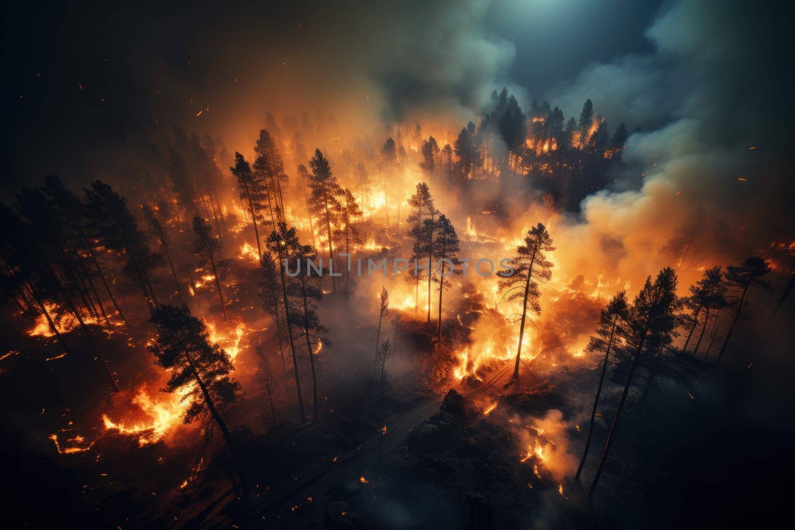 Night forest fire burns the pine trees in the forest Generative AI.