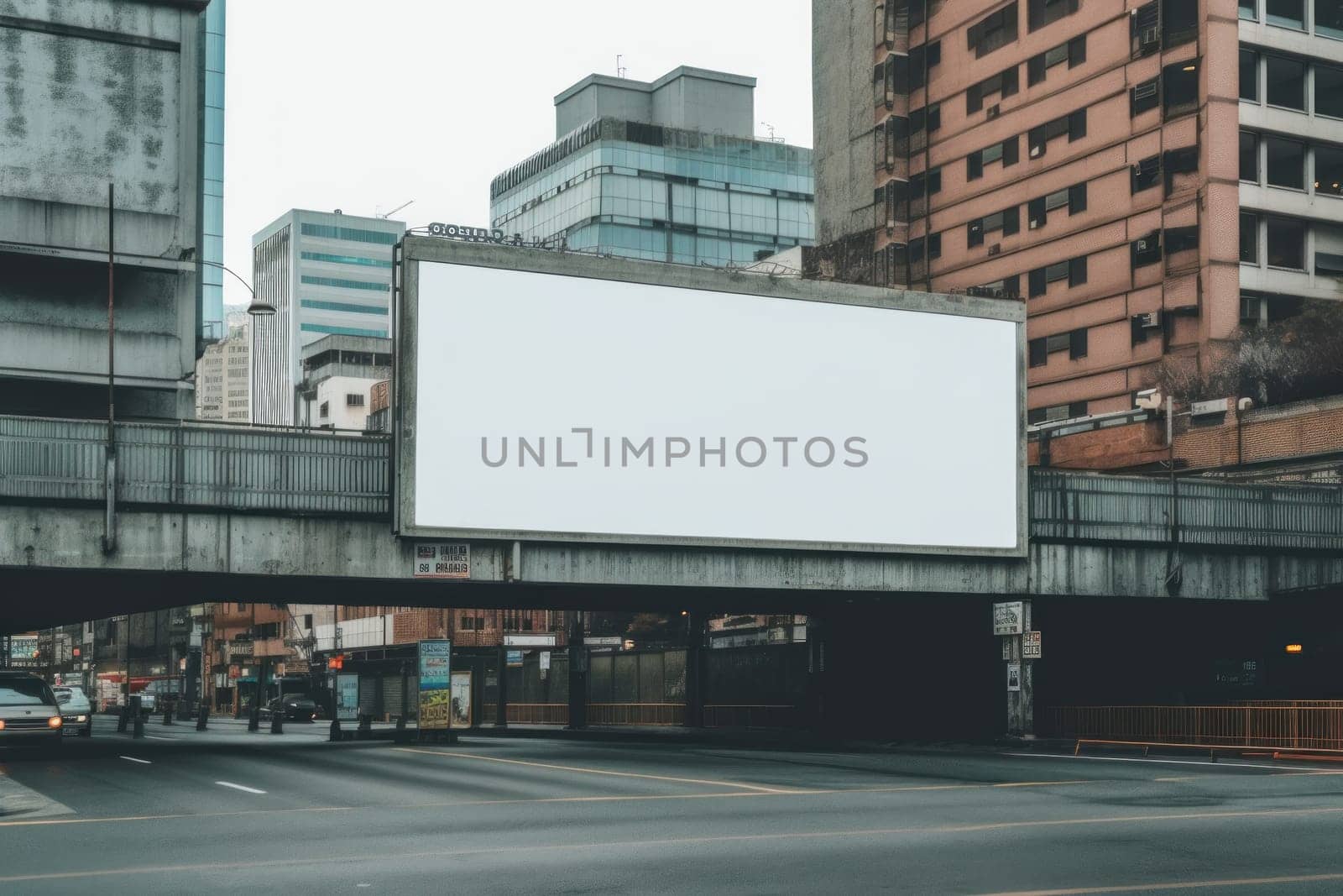 White empty billboard in an urban environment. City streets, Generative AI.