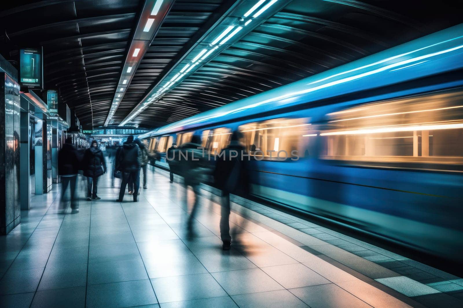 Blurred People Getting Into Subway Train During Rush Hour, Train in subway station during rush hour, Generative Ai by nijieimu