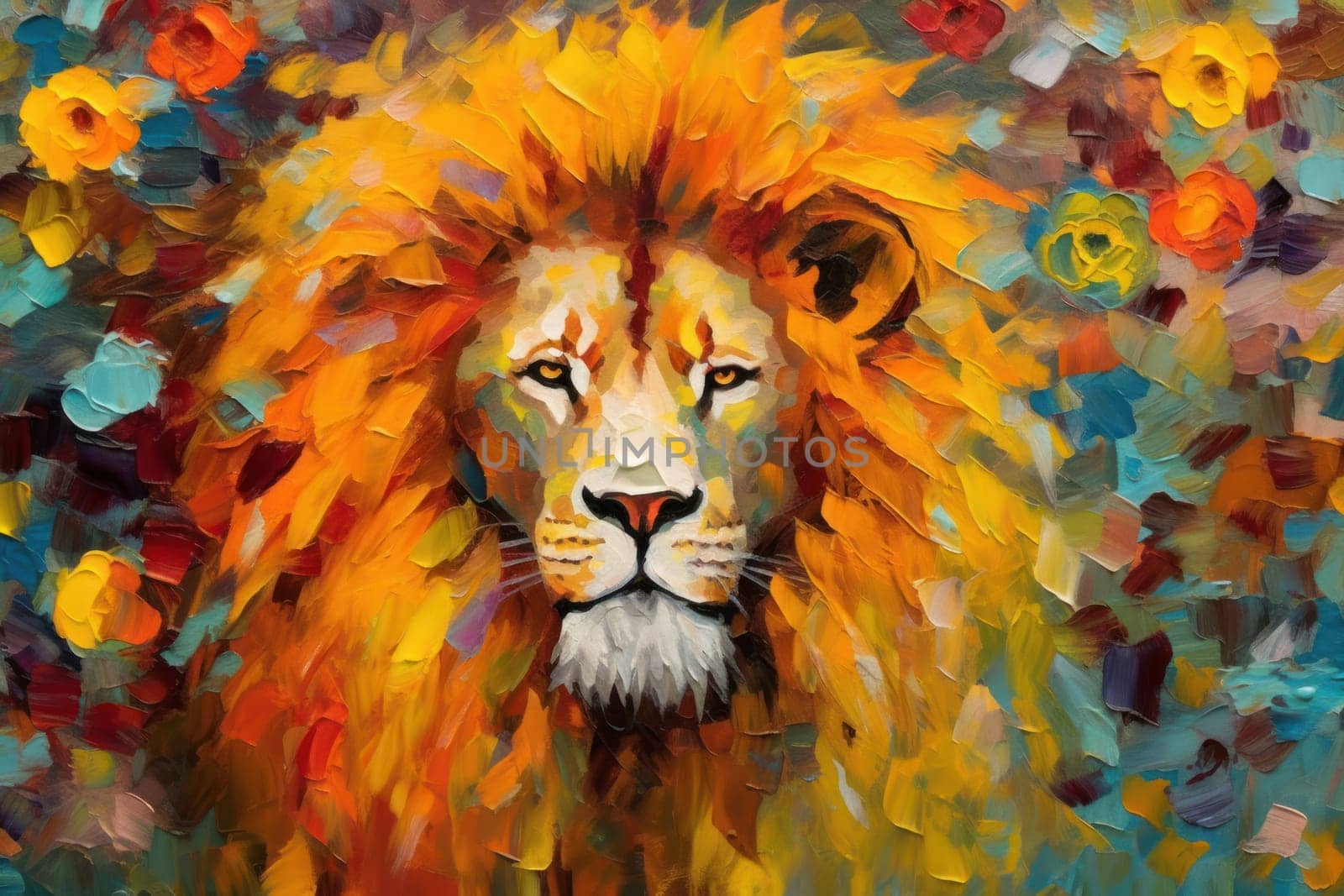 Lion made of oil paint modern art with sunflower Generative AI.