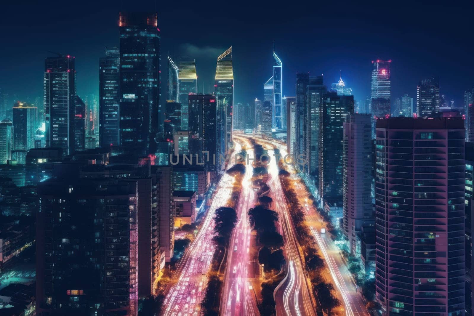 High speed traffic and light trails in highway at twilight Modern city at night Generative AI.