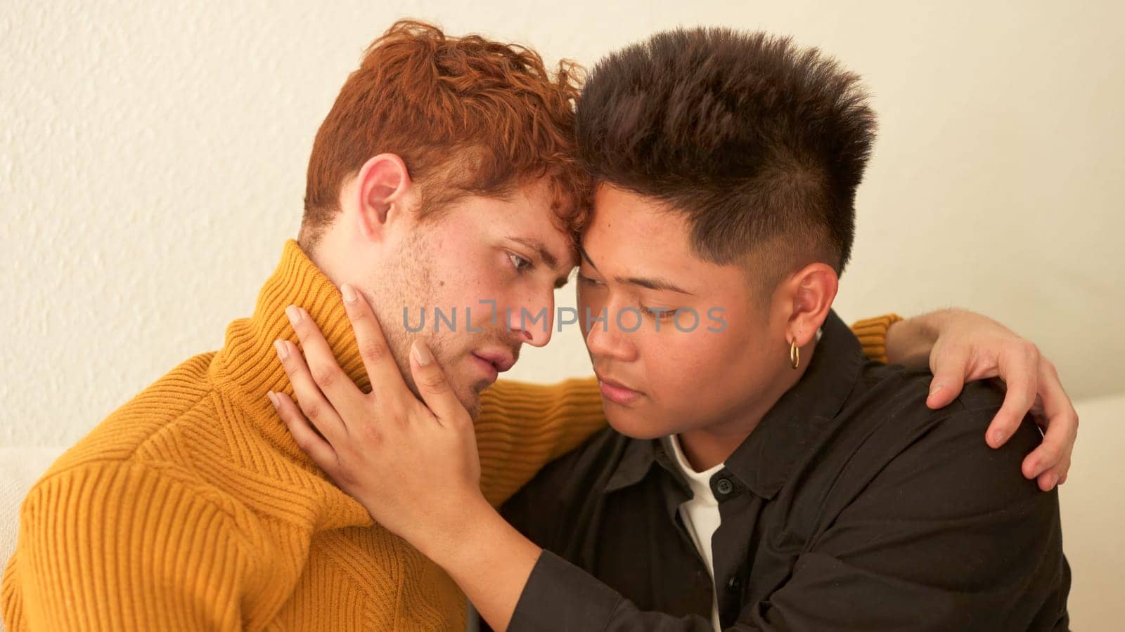 Multiethnic gay couple about to kiss sitting on the sofa
