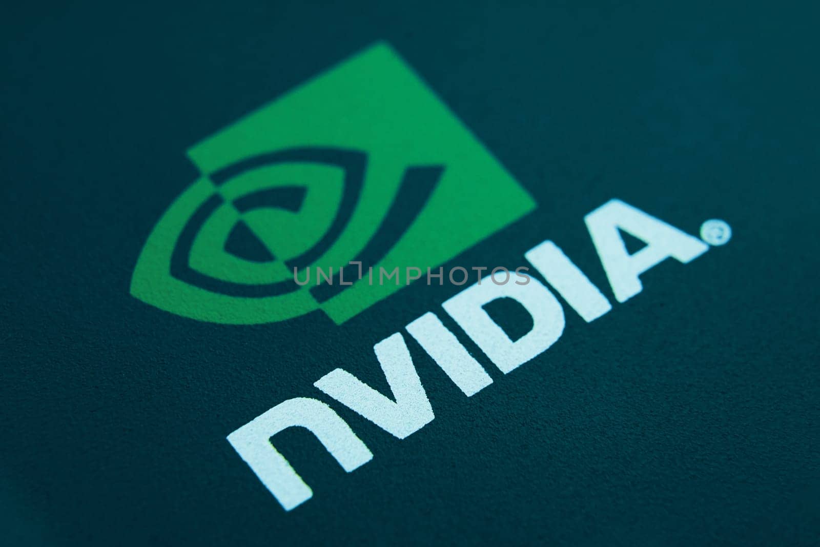 28 June 2019 Bishkek, Kyrgyzstan: Nvidia logo. Mark of famous company of video cards. Inventor of the GPU.