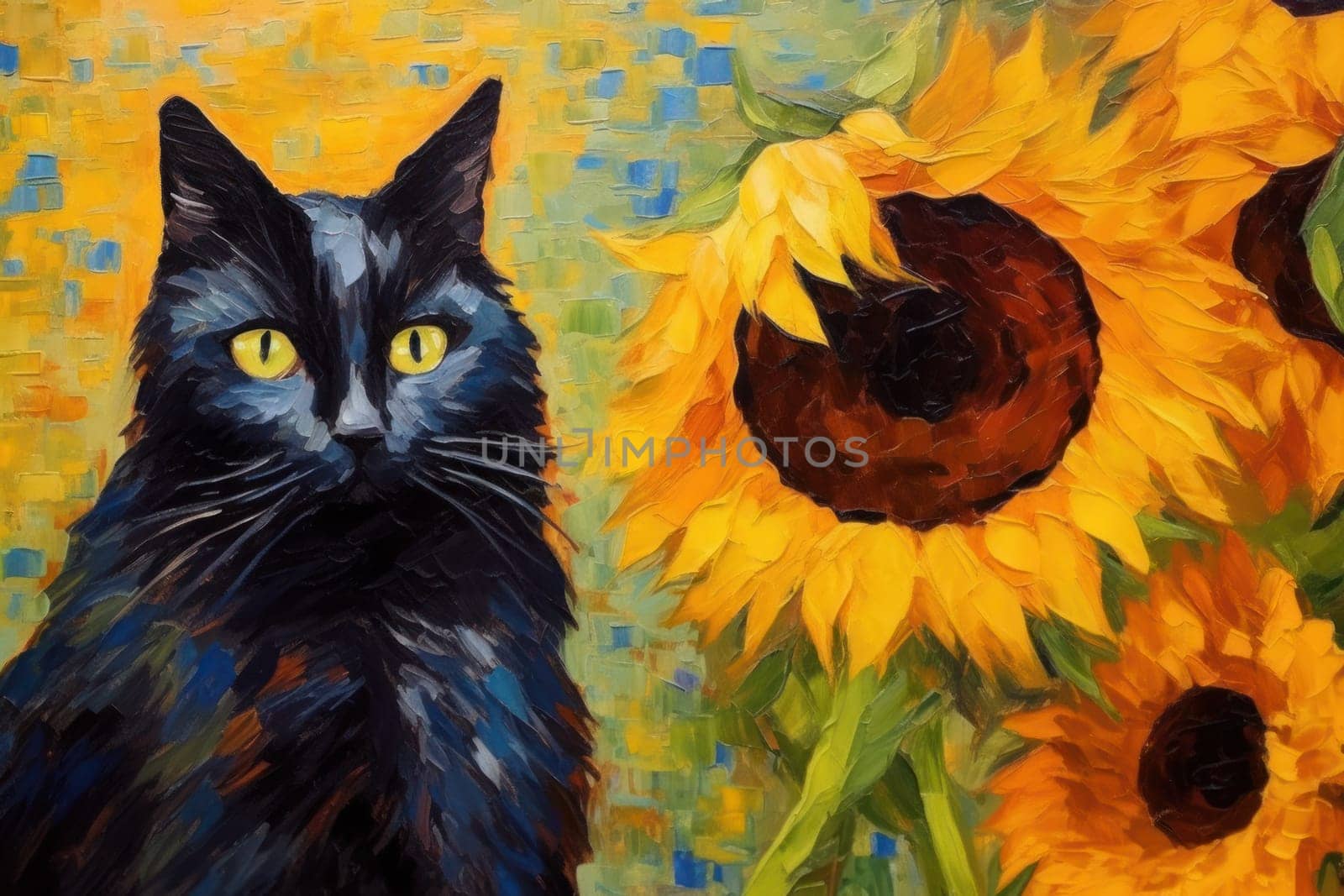 Black Cat made of oil paint modern art with sunflower Generative AI.