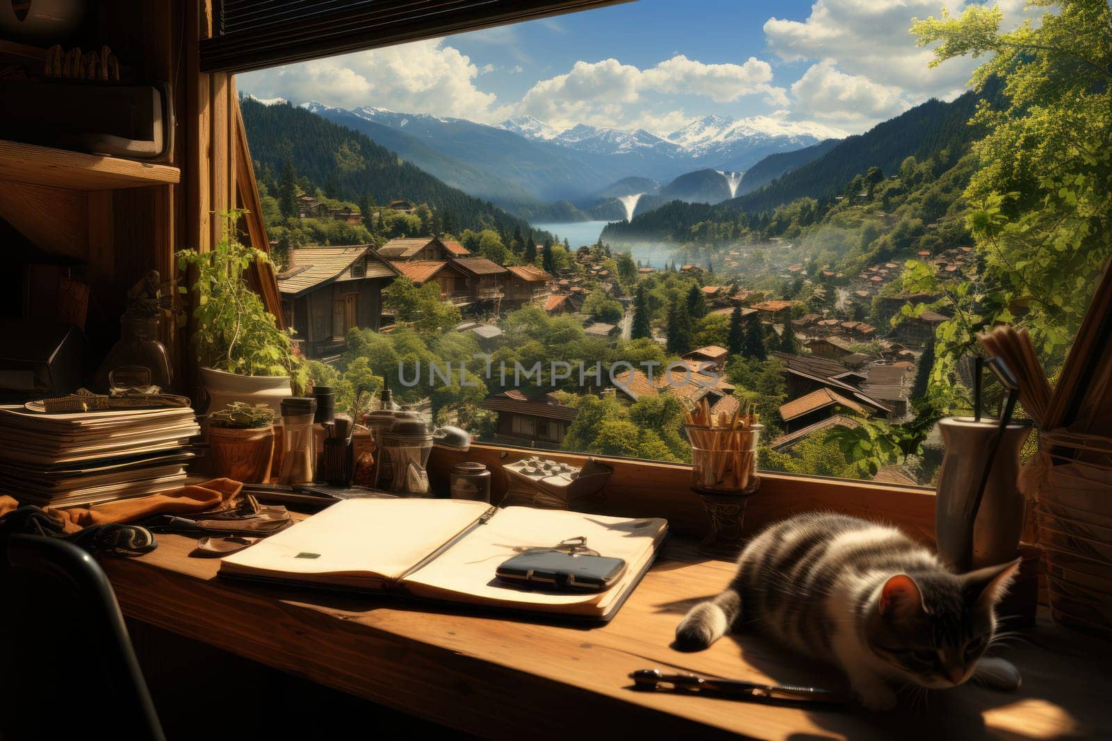 The house is wooden with large windows. View from the windows to the green mountains Generative AI by nijieimu