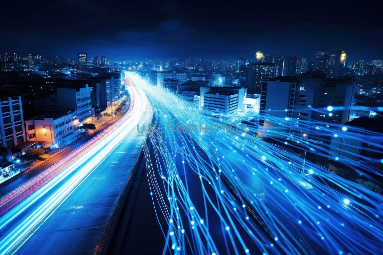 fiber optic speed line, image of modern city network communication concept.