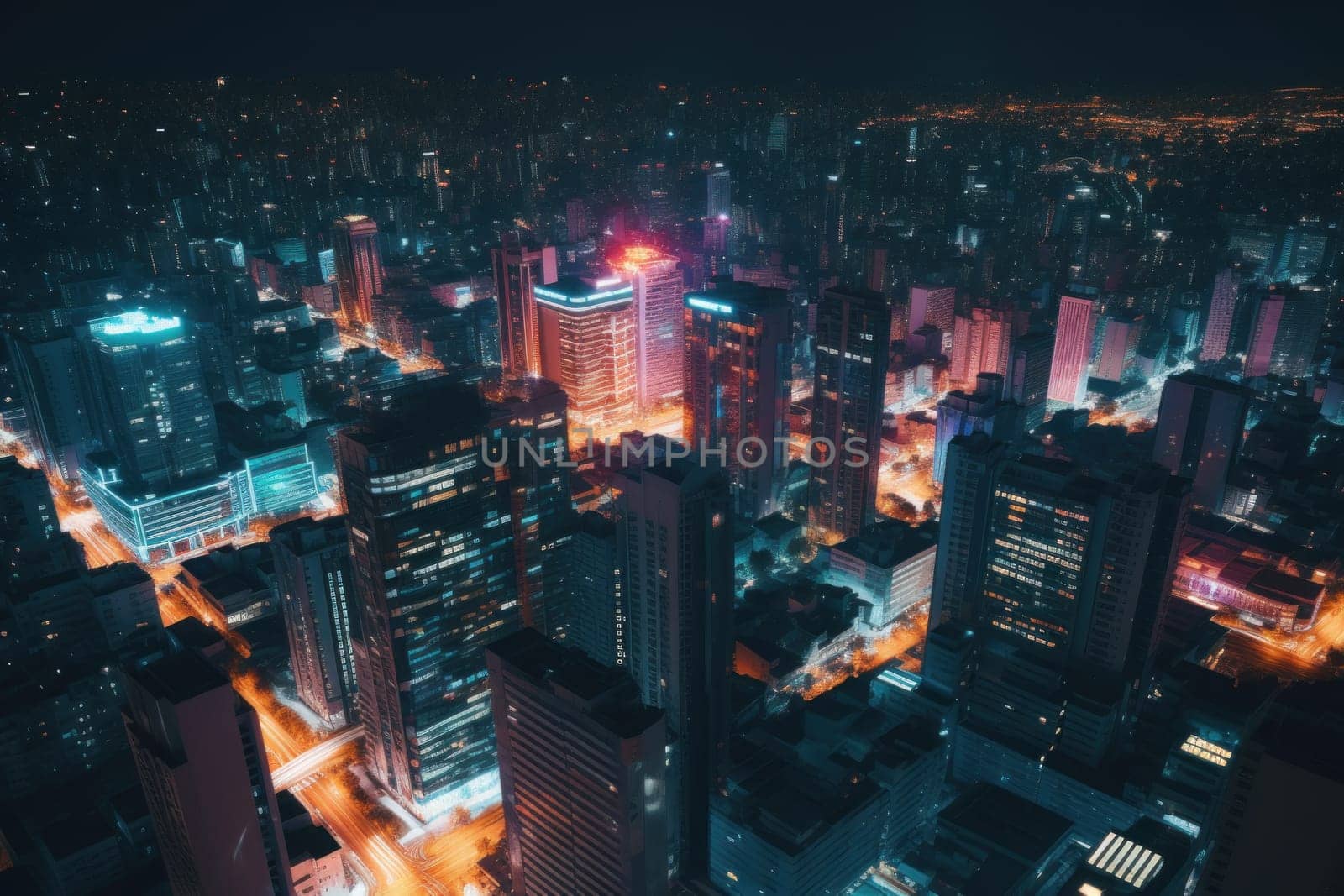 Aerial view of neon city, Cyberpunk metropolis at night.