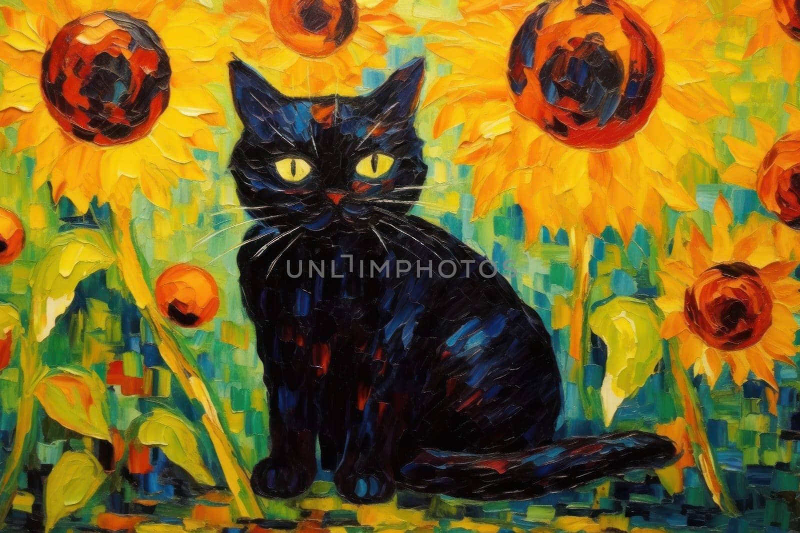 Black Cat made of oil paint modern art with sunflower Generative AI.