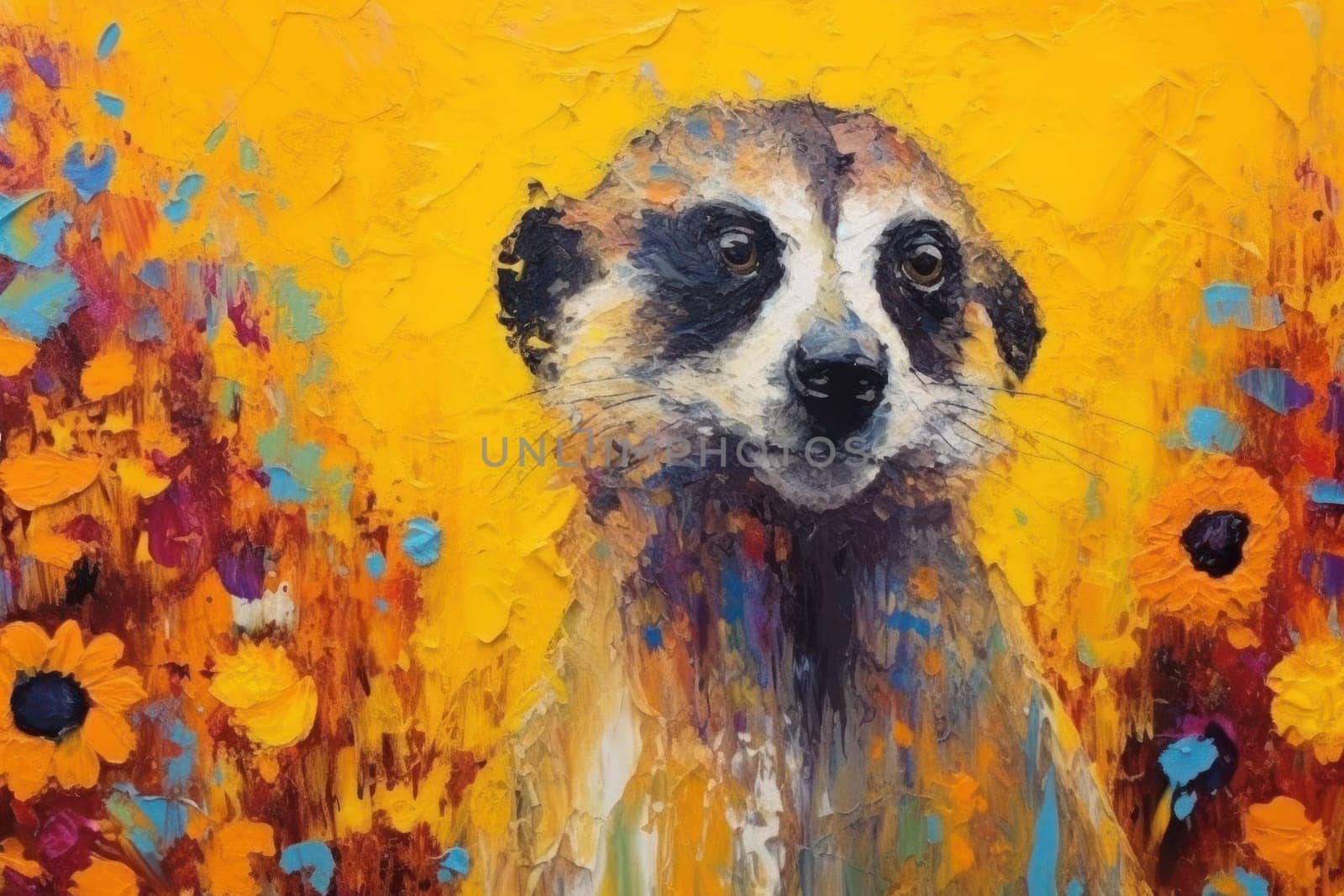 Meerkat made of oil paint modern art with sunflower Generative AI.