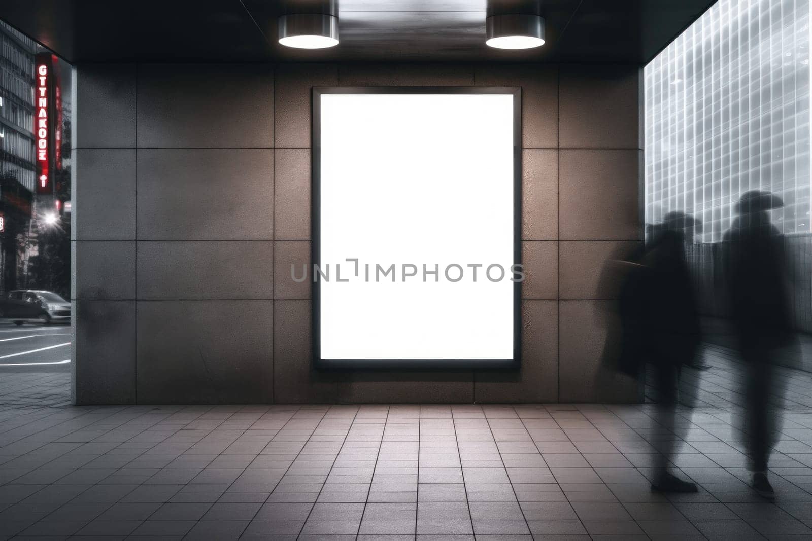 Empty digital billboard on busy street at night, Generative AI.