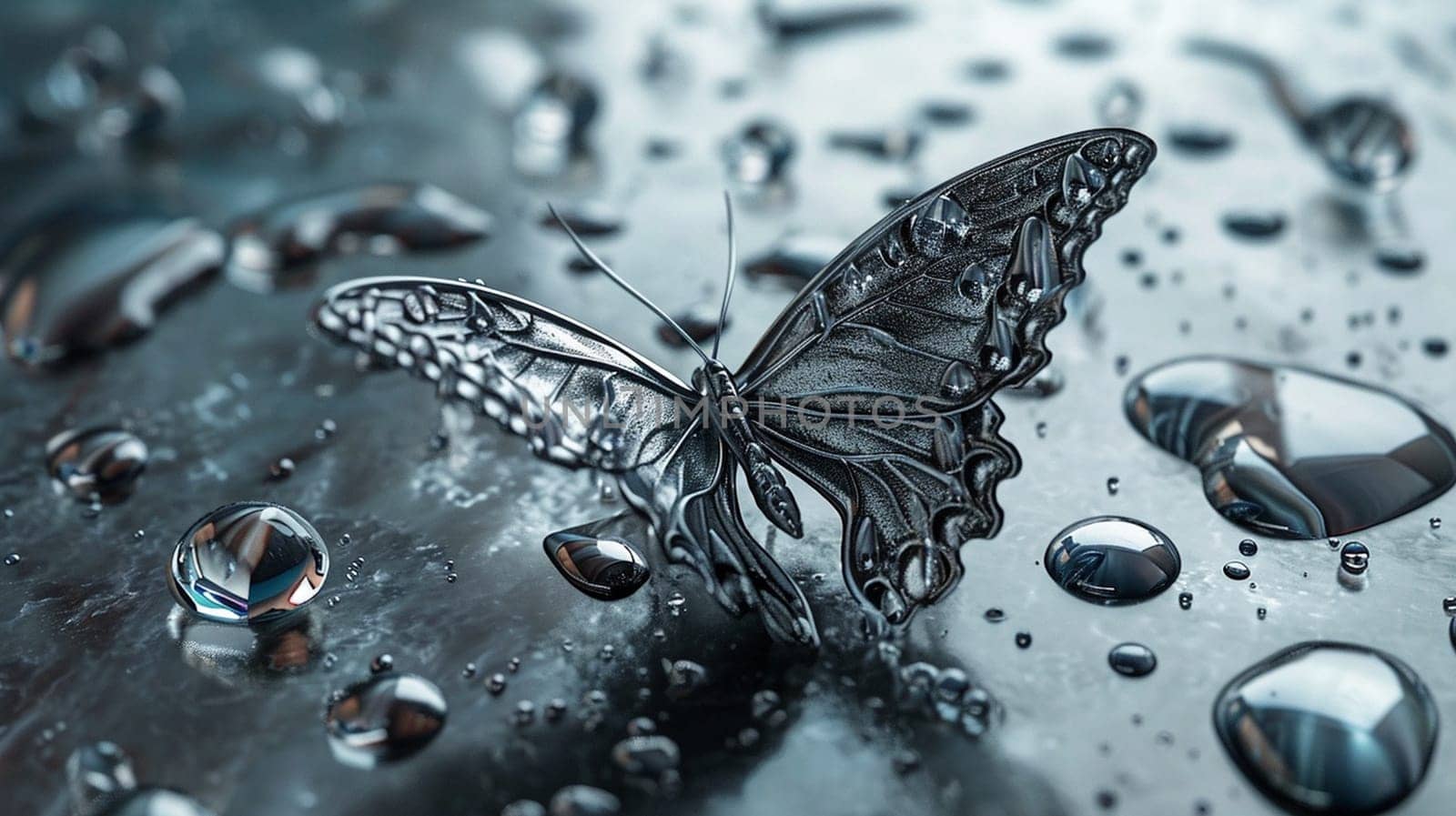 butterfly on mirror surface in water drops. glitter butterfly shining sitting on liquid background with water drops. Ai Generated by lucia_fox