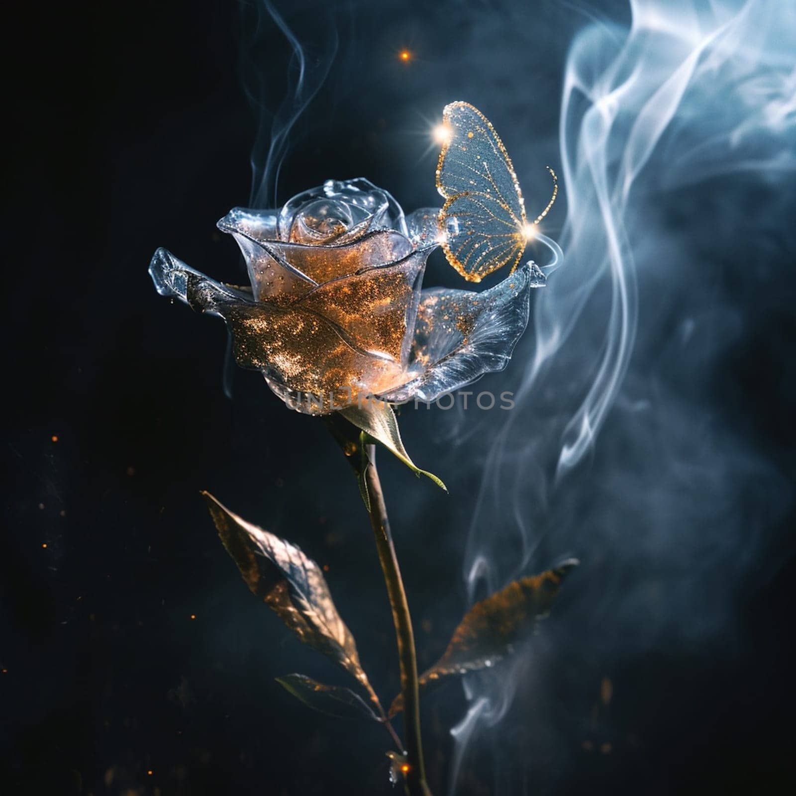 Dried flowers and smoke on a black background. glass rose smokes and a glitter butterfly sits on it, shining. Ai Generated by lucia_fox