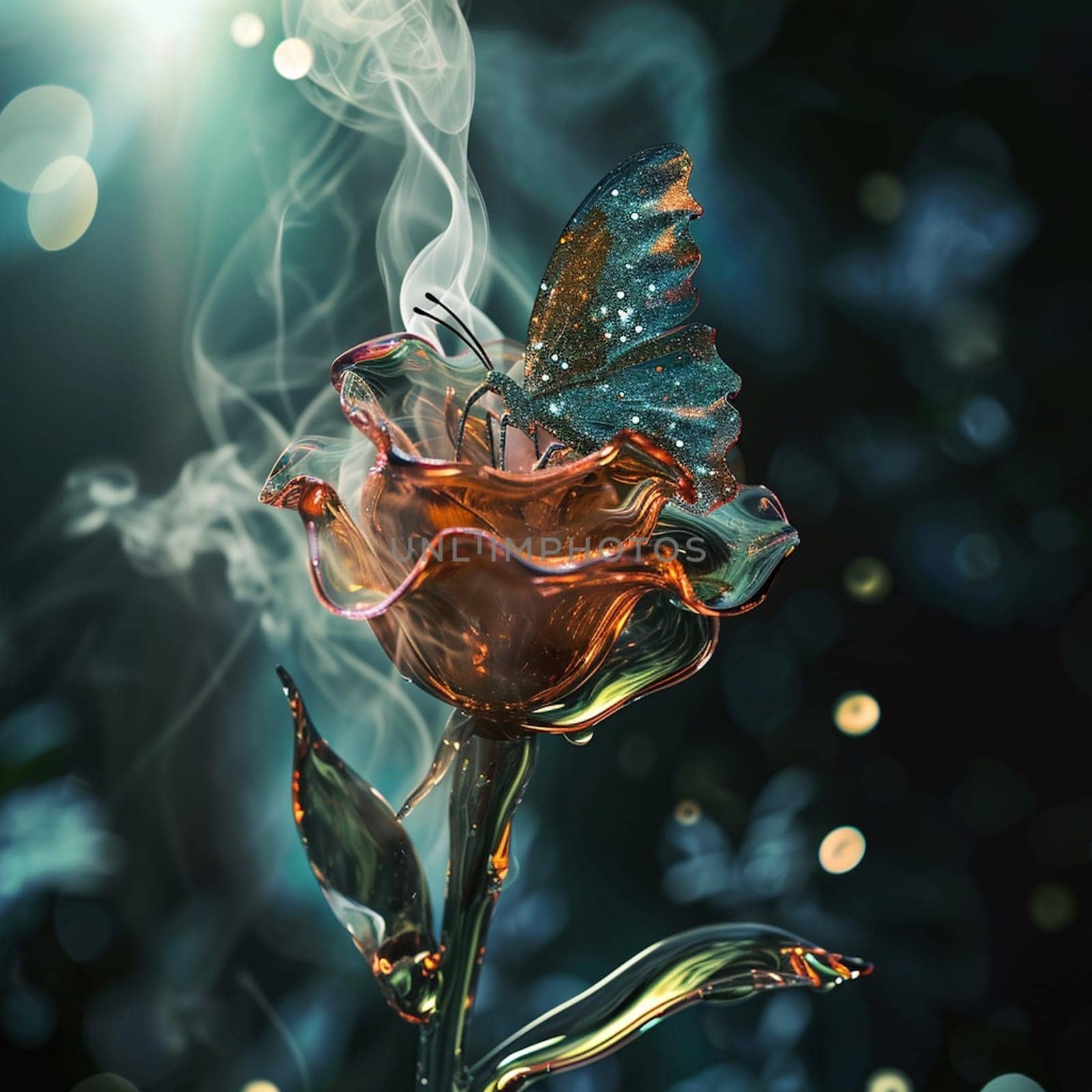 Dried flowers and smoke on a black background. glass rose smokes and a glitter butterfly sits on it, shining. Ai Generated by lucia_fox