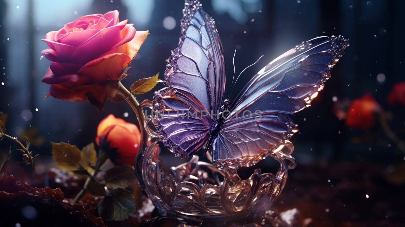 Dried flowers and smoke on a black background. glass rose smokes and a glitter butterfly sits on it, shining. Ai Generated by lucia_fox