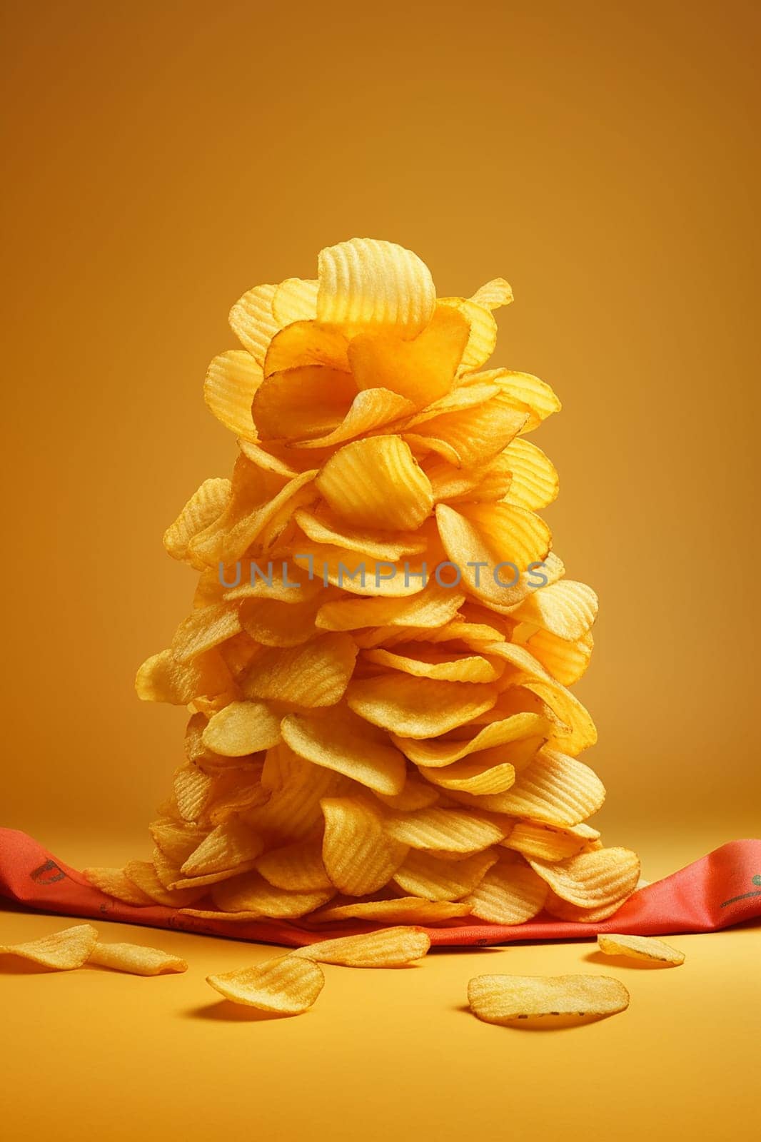 Stacked potato chips forming a pyramid on a yellow background.