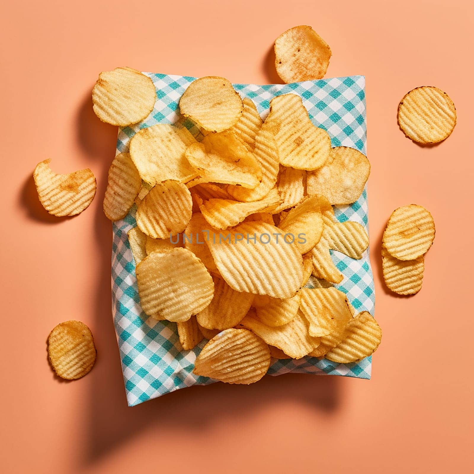 Crunchy potato chips on a checkered napkin, top view