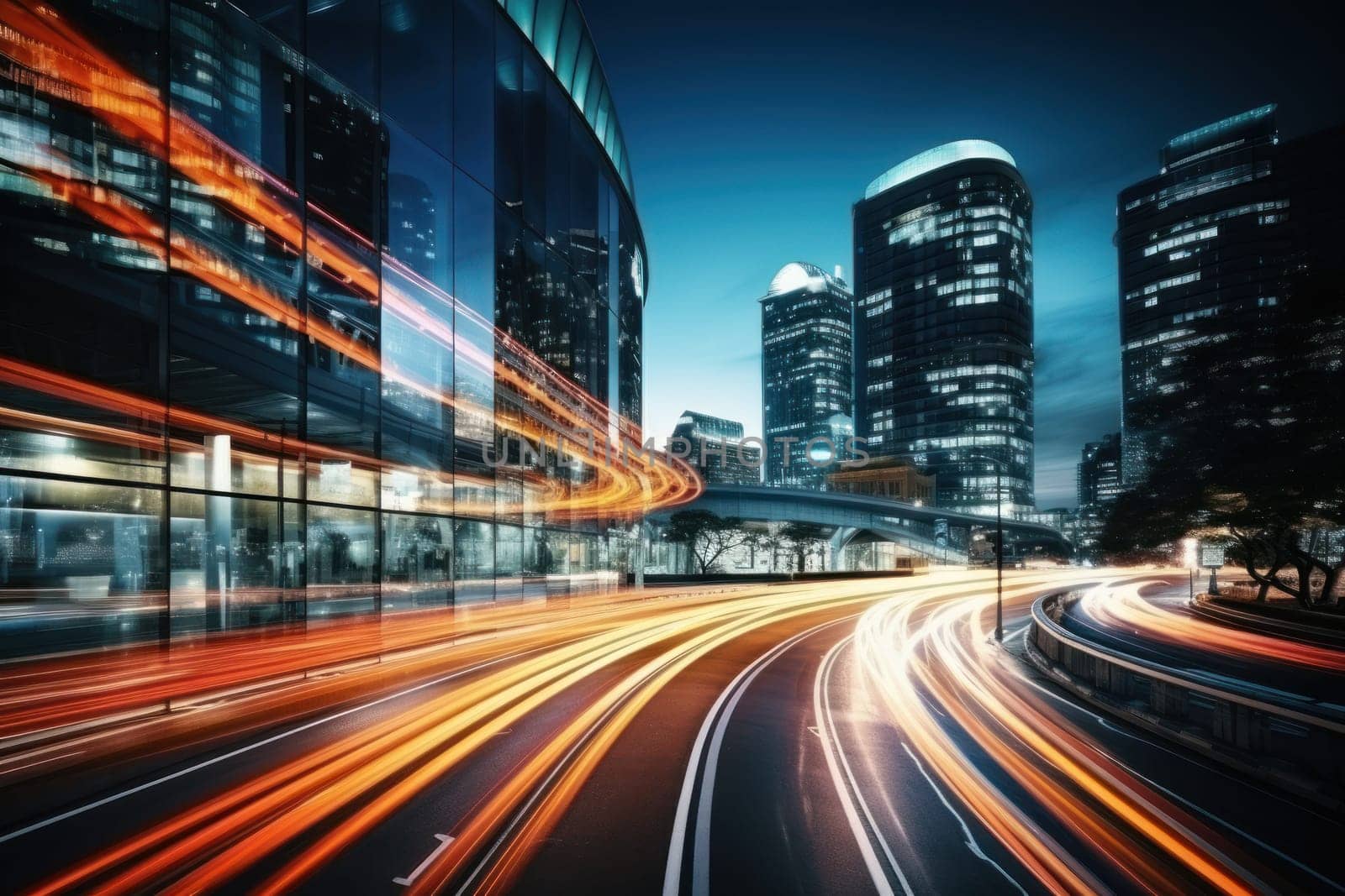 High speed traffic and light trails in highway at twilight Modern city at night Generative AI.