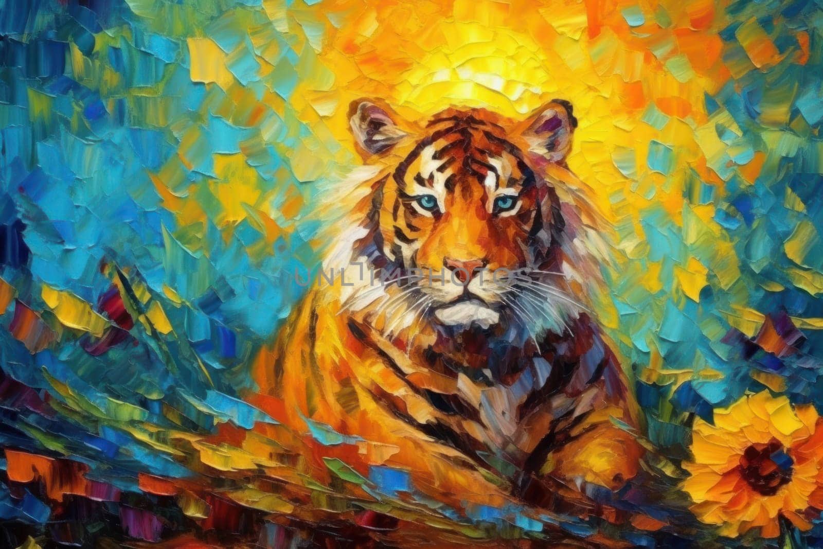 Tiger made of oil paint modern art with sunflower Generative AI.