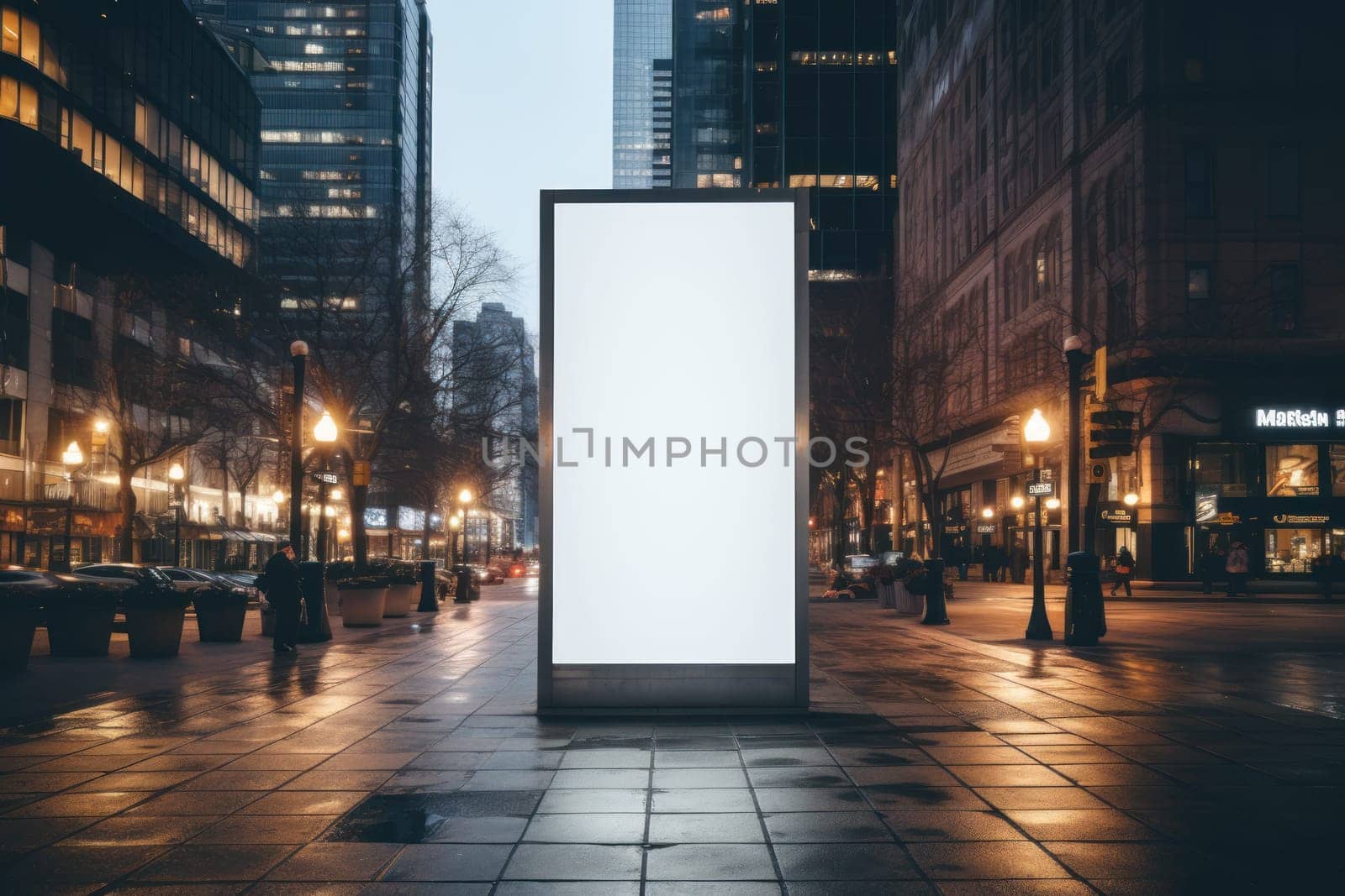Digital Media Blank white mock up of advertising light box billboard at city background, advertising, Generative AI.