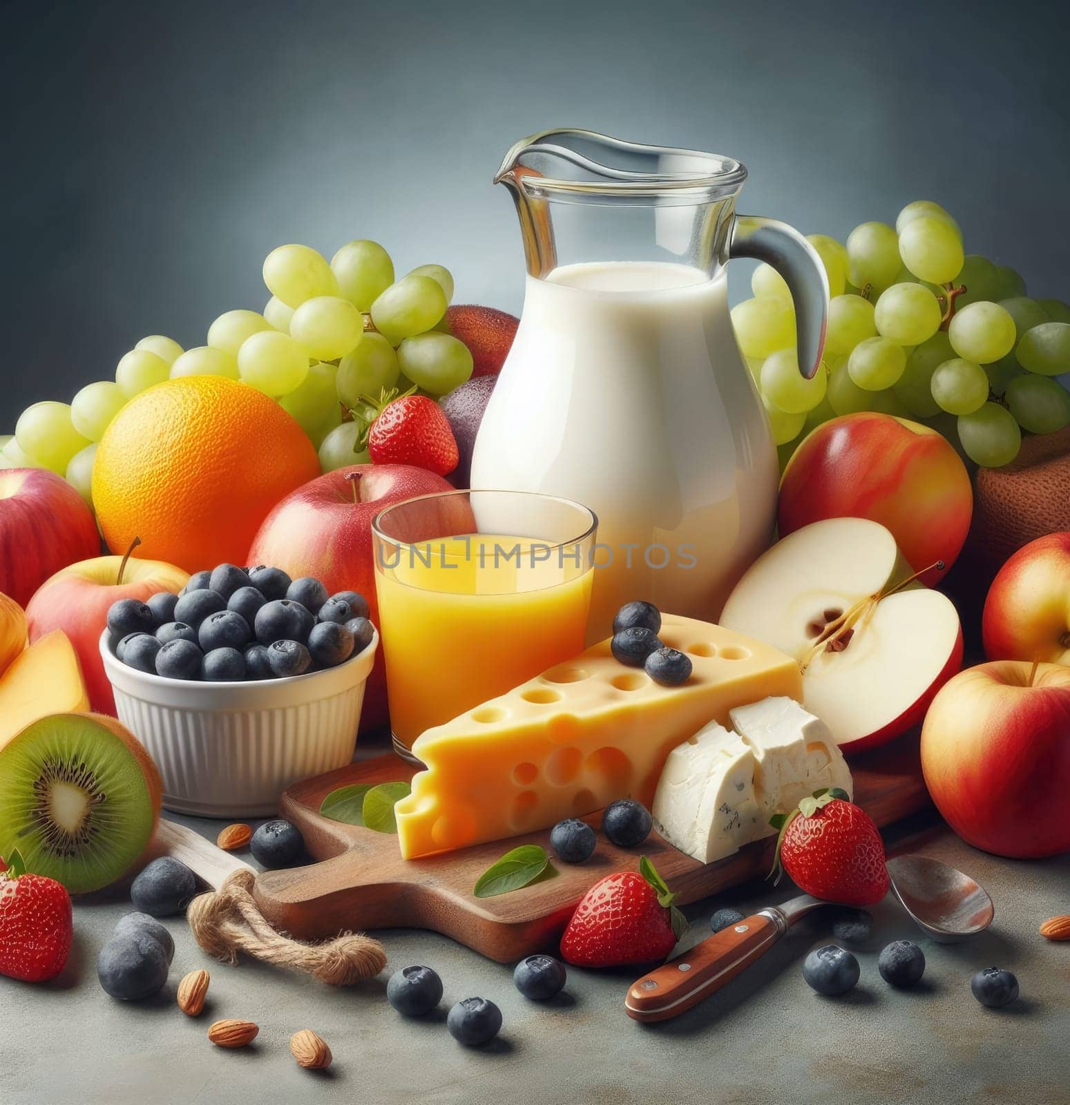 Breakfast still life: a variety of fruits, juice in a glass, berries and cheese, milk in a carafe