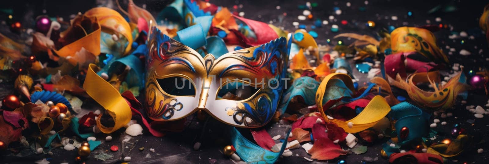 Colorful carnival festival background. Carnival mask for the holiday. Wide format banner AI