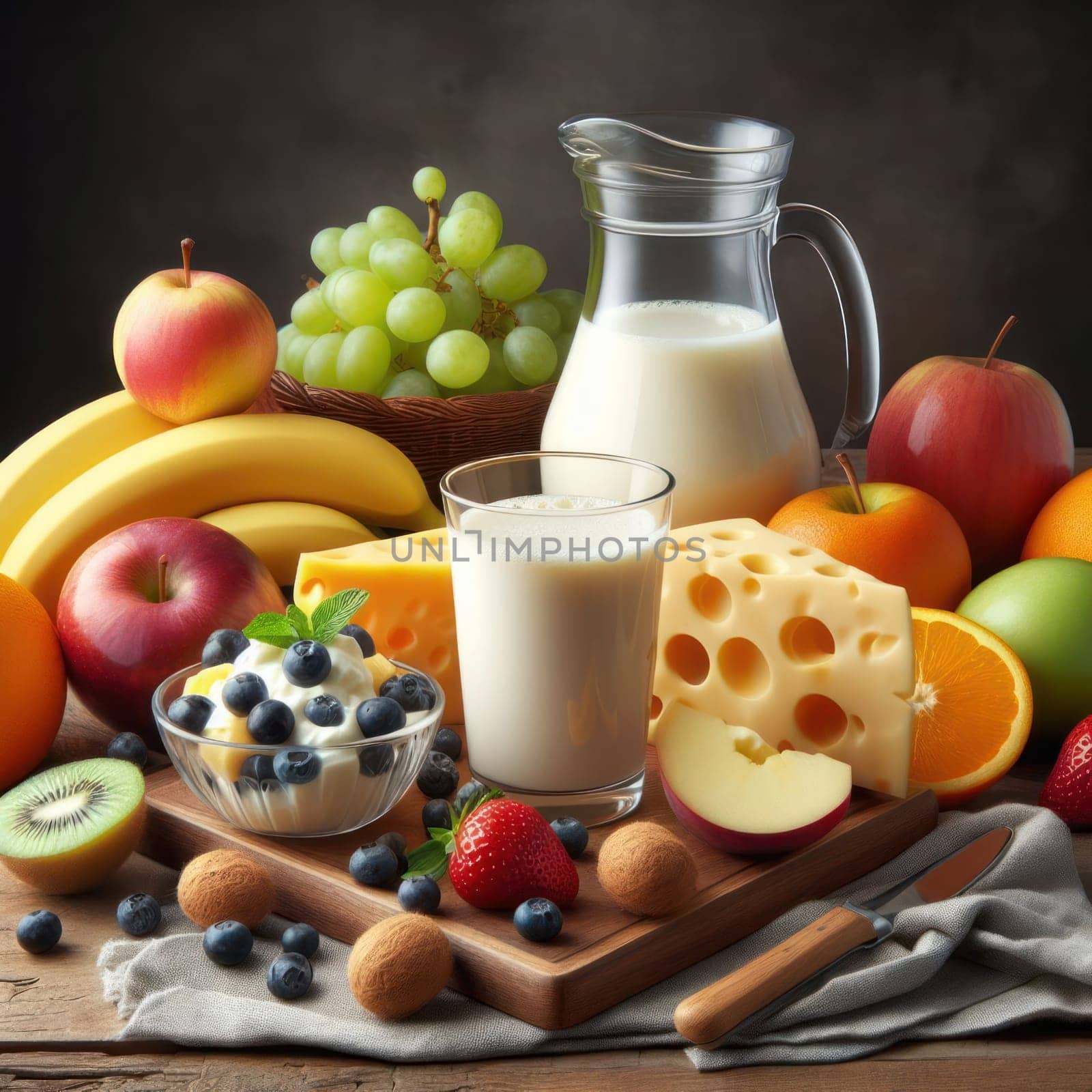 Breakfast still life: a variety of fruits, juice in a glass, berries and cheese, milk and nuts