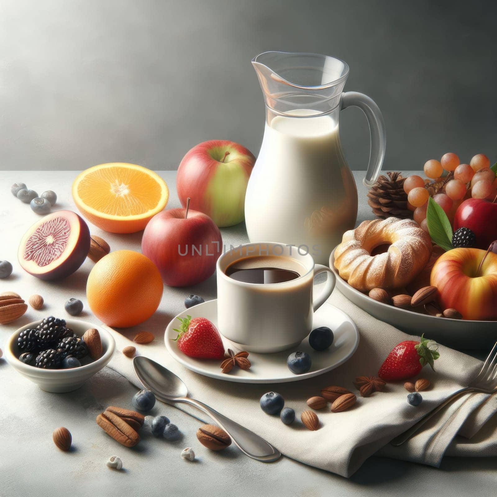Breakfast still life: a variety of fruits and nuts, milk in a carafe, a cup of coffee and pastries